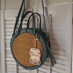 Green and Tan Round Woven Bag